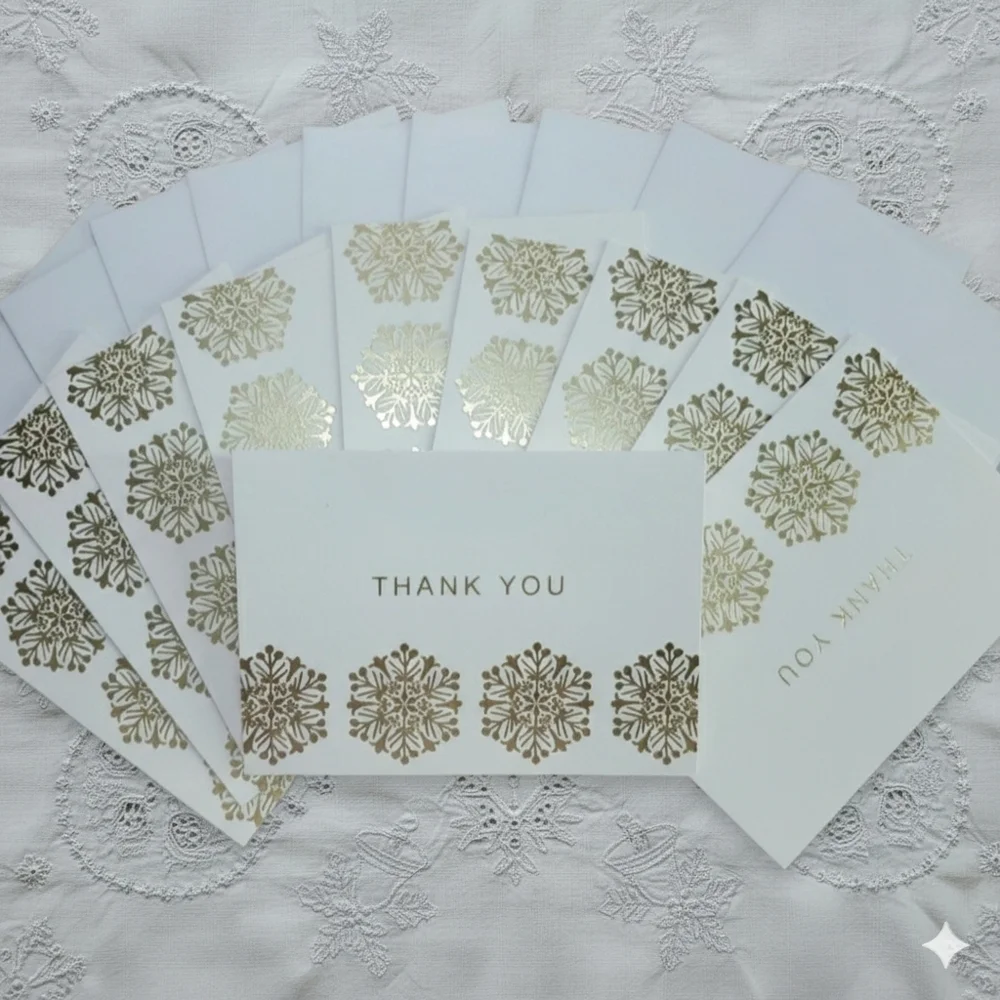10 Thank You Greeting Card Hallmark Blank Inside White Gold Holiday Snowflake